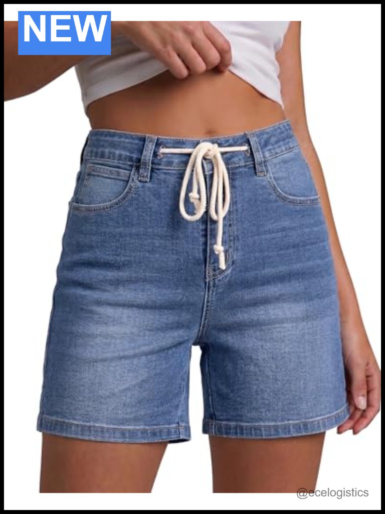 High Waisted Drawstring Stretchy Denim Shorts With Pockets